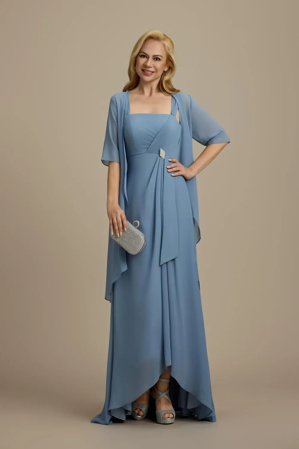 2 Pieces Mother of The Bride Dresses for Women Half Sleeve Chiffon Long Formal Evening Gowns