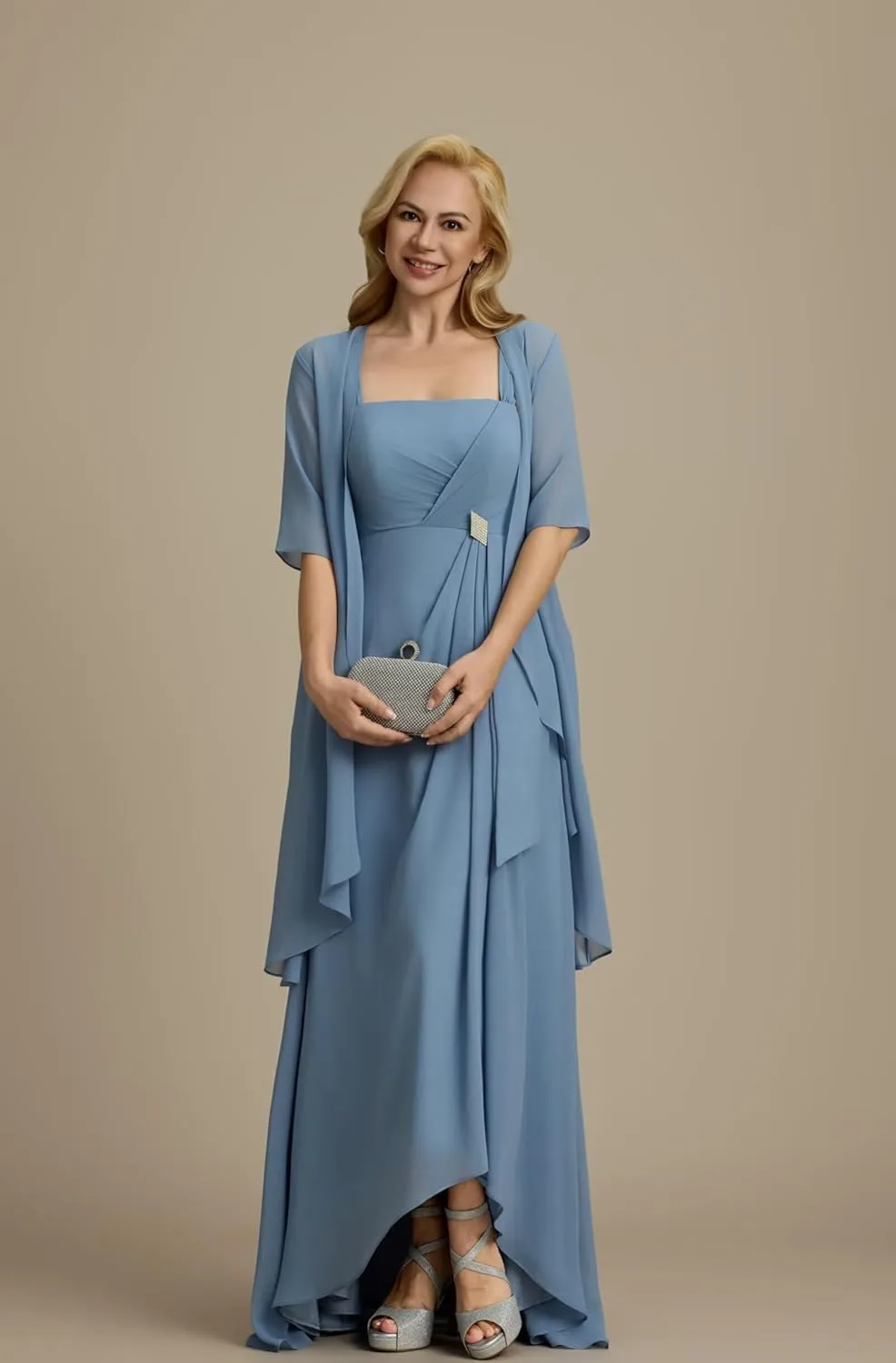 2 Pieces Mother of The Bride Dresses for Women Half Sleeve Chiffon Long Formal Evening Gowns
