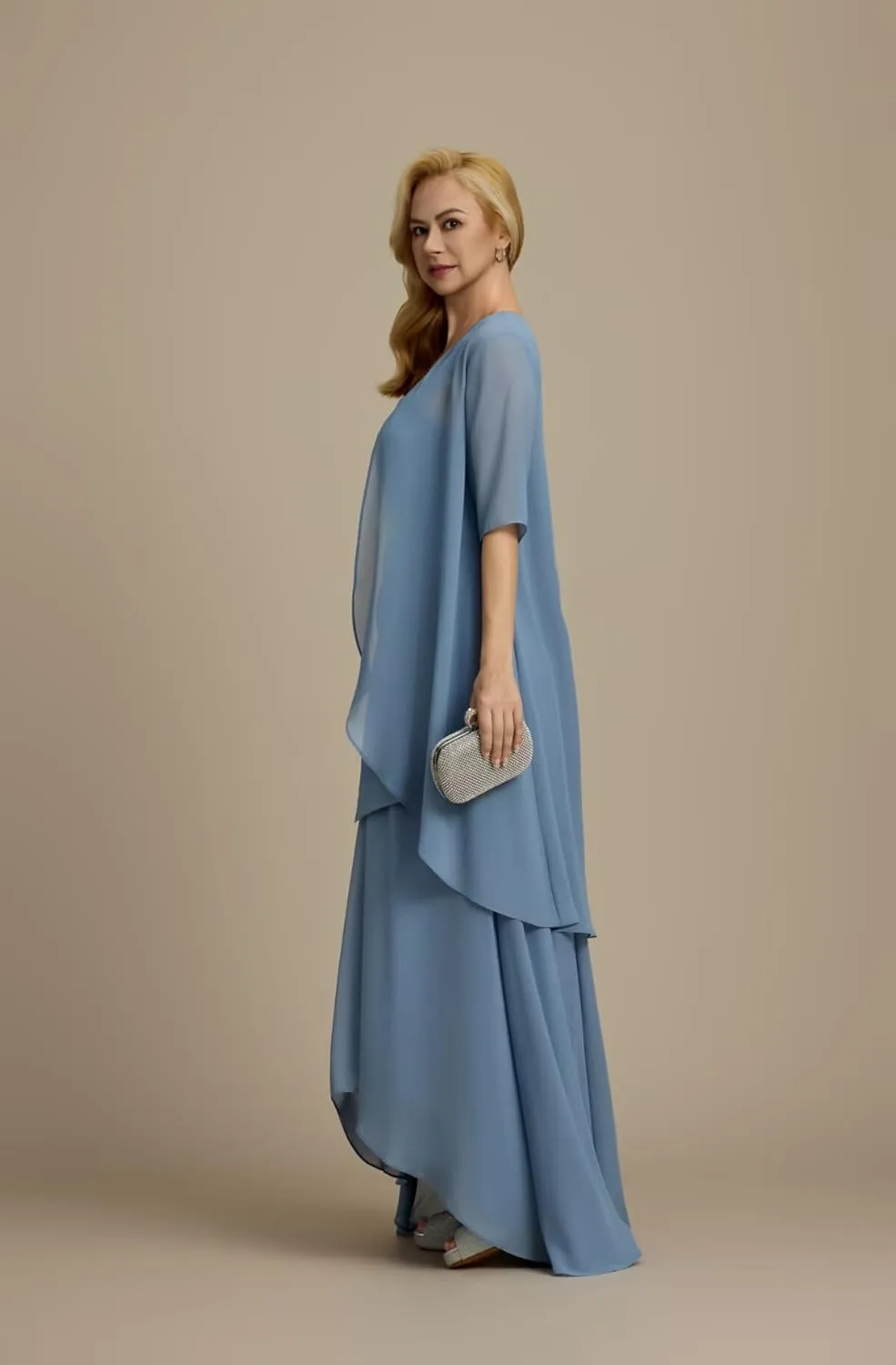 2 Pieces Mother of The Bride Dresses for Women Half Sleeve Chiffon Long Formal Evening Gowns