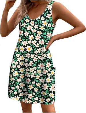 2025 Boho Floral Sundresses for Women Summer Sleeveless Mini Shirt Dress Casual Lounge Beachwear A Line Tank Dresses