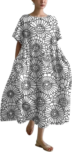 2025 Summer Maxi Dress for Women Short Sleeve Boho Floral Dresses Flowy Cotton Dress Baggy Beach Sundresses