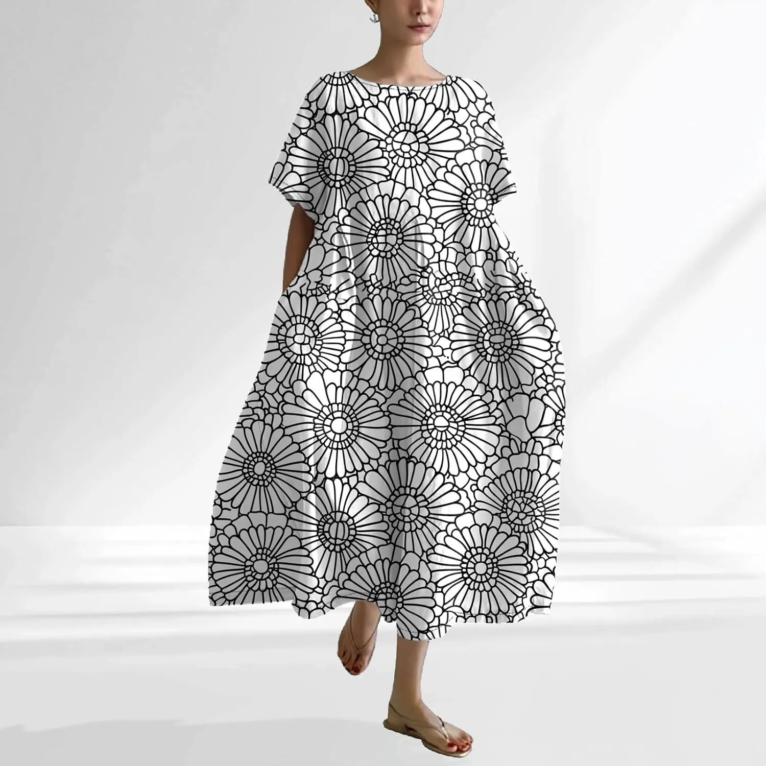 2025 Summer Maxi Dress for Women Short Sleeve Boho Floral Dresses Flowy Cotton Dress Baggy Beach Sundresses