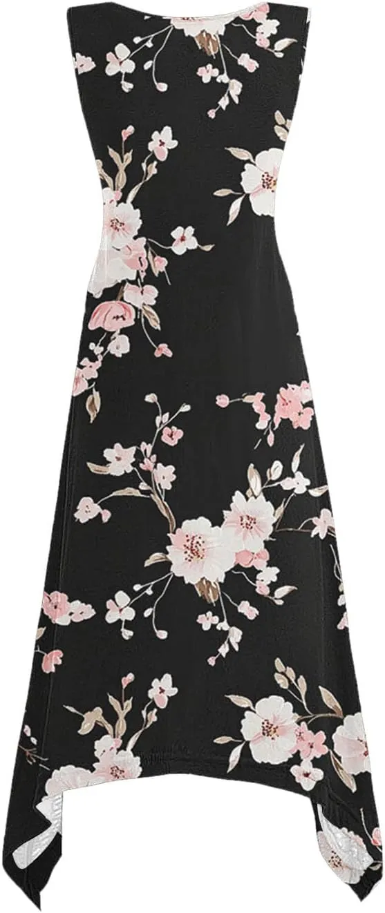 2025 Women Fashion Summer Dresses Floral Printed Round Neck Beach Dress Casual Flowy Loose Vacation Dresses