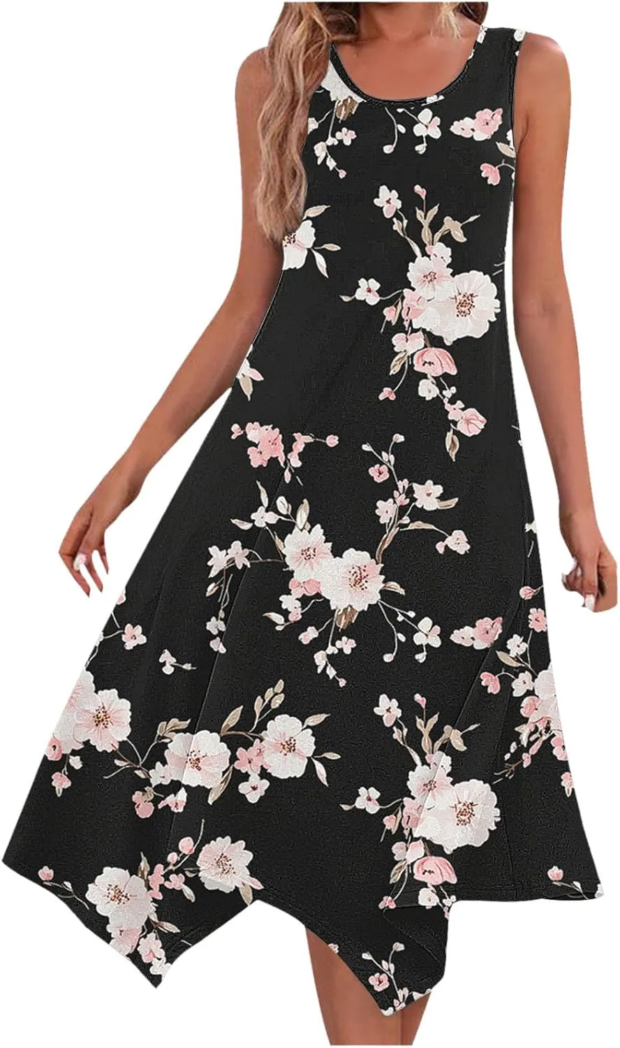 2025 Women Fashion Summer Dresses Floral Printed Round Neck Beach Dress Casual Flowy Loose Vacation Dresses