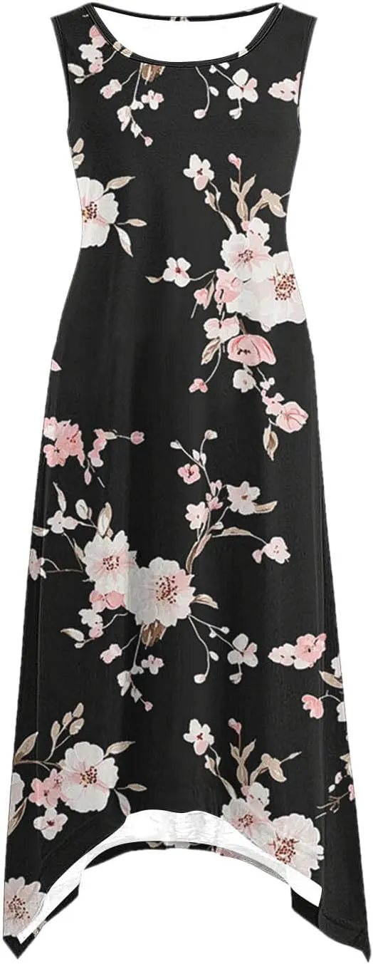 2025 Women Fashion Summer Dresses Floral Printed Round Neck Beach Dress Casual Flowy Loose Vacation Dresses