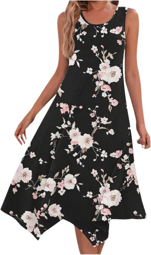 2025 Women Fashion Summer Dresses Floral Printed Round Neck Beach Dress Casual Flowy Loose Vacation Dresses
