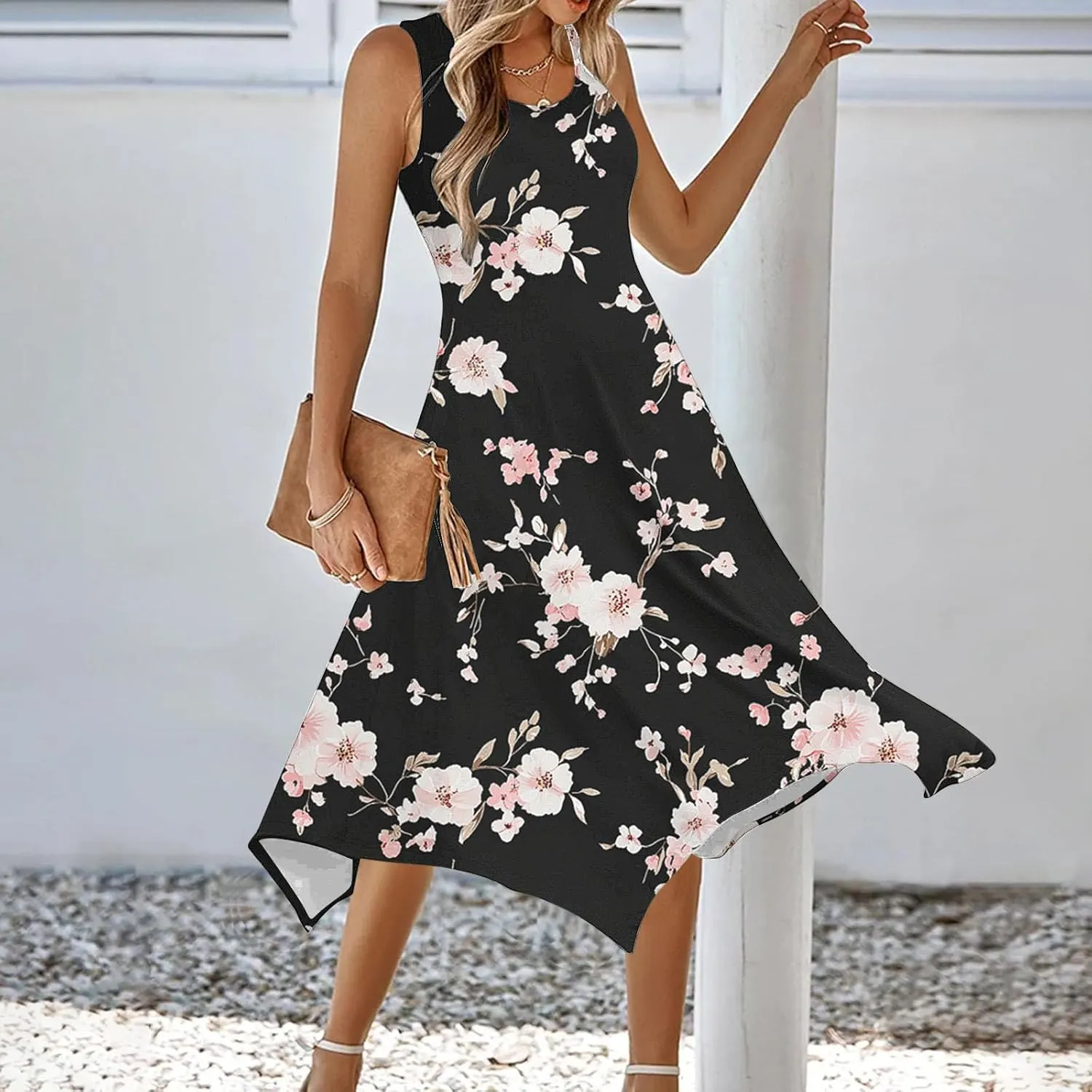 2025 Women Fashion Summer Dresses Floral Printed Round Neck Beach Dress Casual Flowy Loose Vacation Dresses