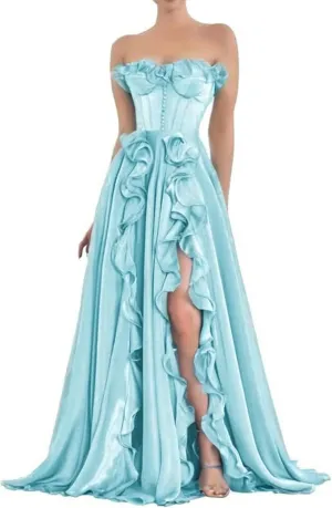 A-Line Strapless Prom Dress with Slit Chiffon Formal Party Gowns Ruffles Corset Evening