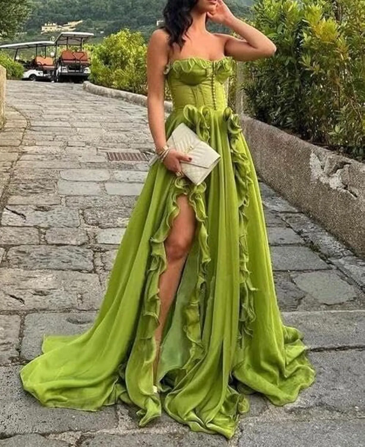A-Line Strapless Prom Dress with Slit Chiffon Formal Party Gowns Ruffles Corset Evening