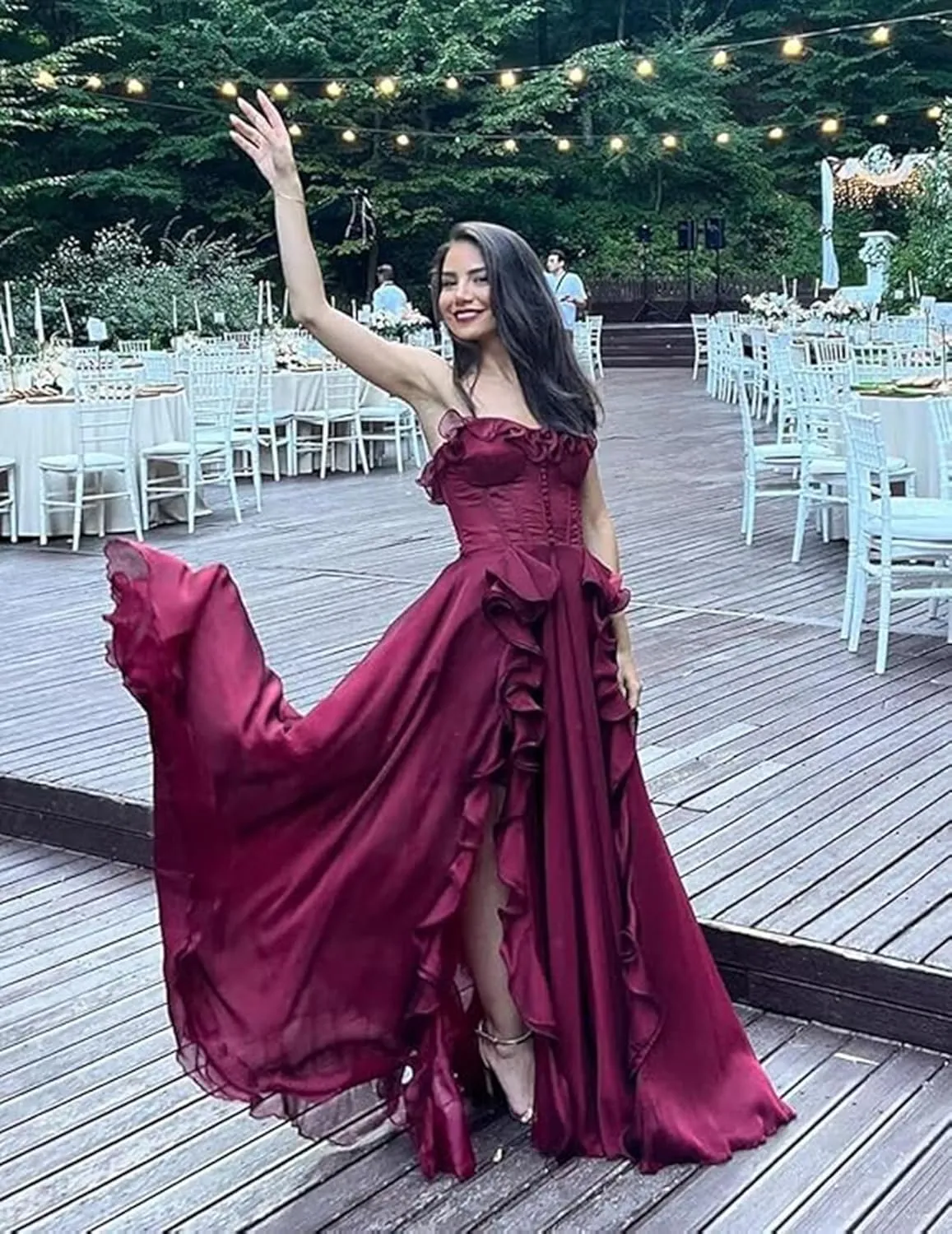 A-Line Strapless Prom Dress with Slit Chiffon Formal Party Gowns Ruffles Corset Evening