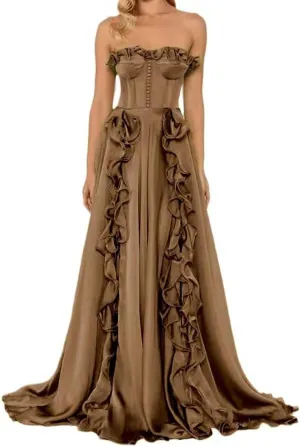 A-Line Strapless Prom Dress with Slit Chiffon Formal Party Gowns Ruffles Corset Evening