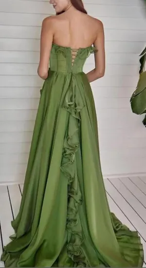 A-Line Strapless Prom Dress with Slit Chiffon Formal Party Gowns Ruffles Corset Evening