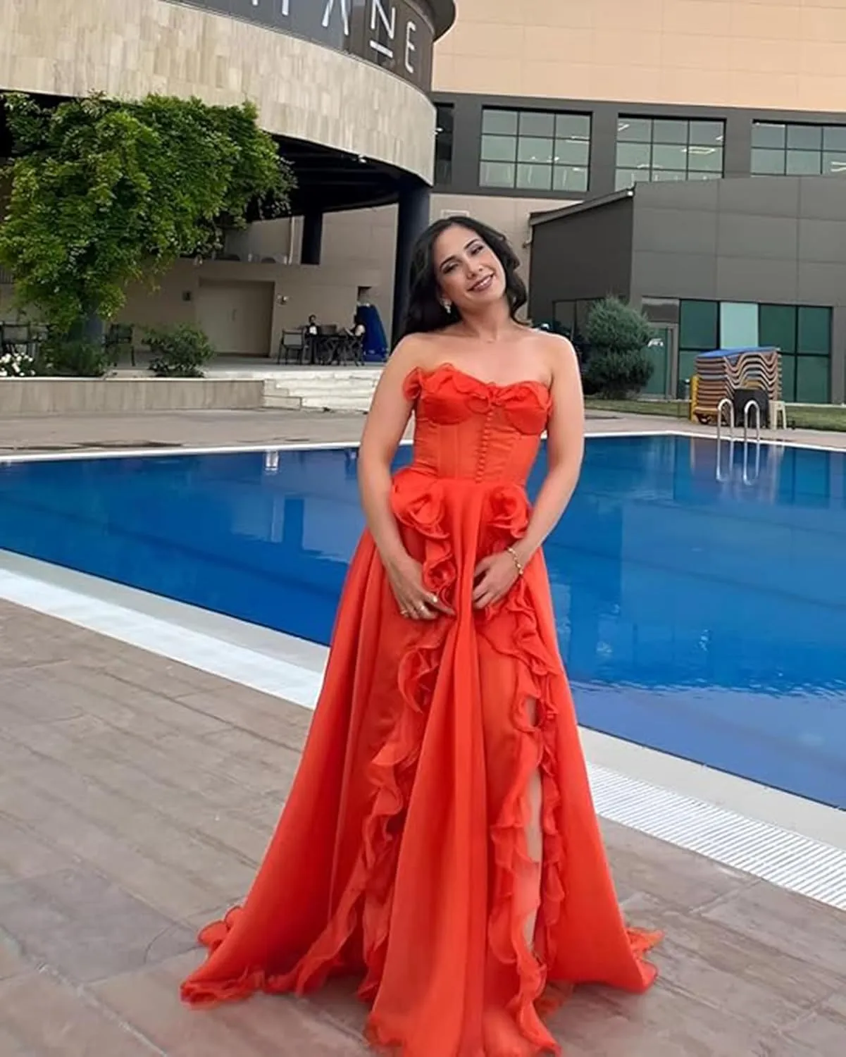 A-Line Strapless Prom Dress with Slit Chiffon Formal Party Gowns Ruffles Corset Evening