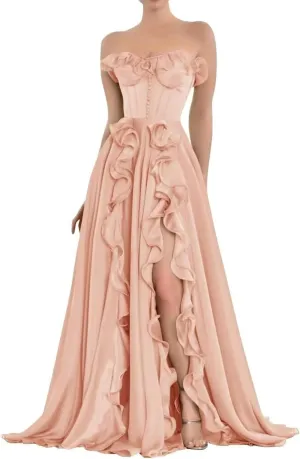 A-Line Strapless Prom Dress with Slit Chiffon Formal Party Gowns Ruffles Corset Evening
