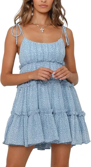 ACOSAP Womens 2025 Summer Floral Spaghetti Strap Dress Boho Flowy Dresses Short Beach Vacation Sleeveless Ruffle Mini Dress