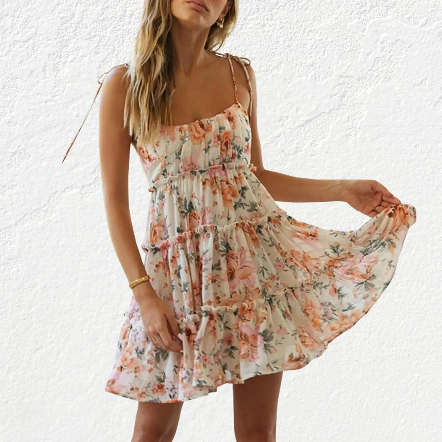 ACOSAP Womens 2025 Summer Floral Spaghetti Strap Dress Boho Flowy Dresses Short Beach Vacation Sleeveless Ruffle Mini Dress