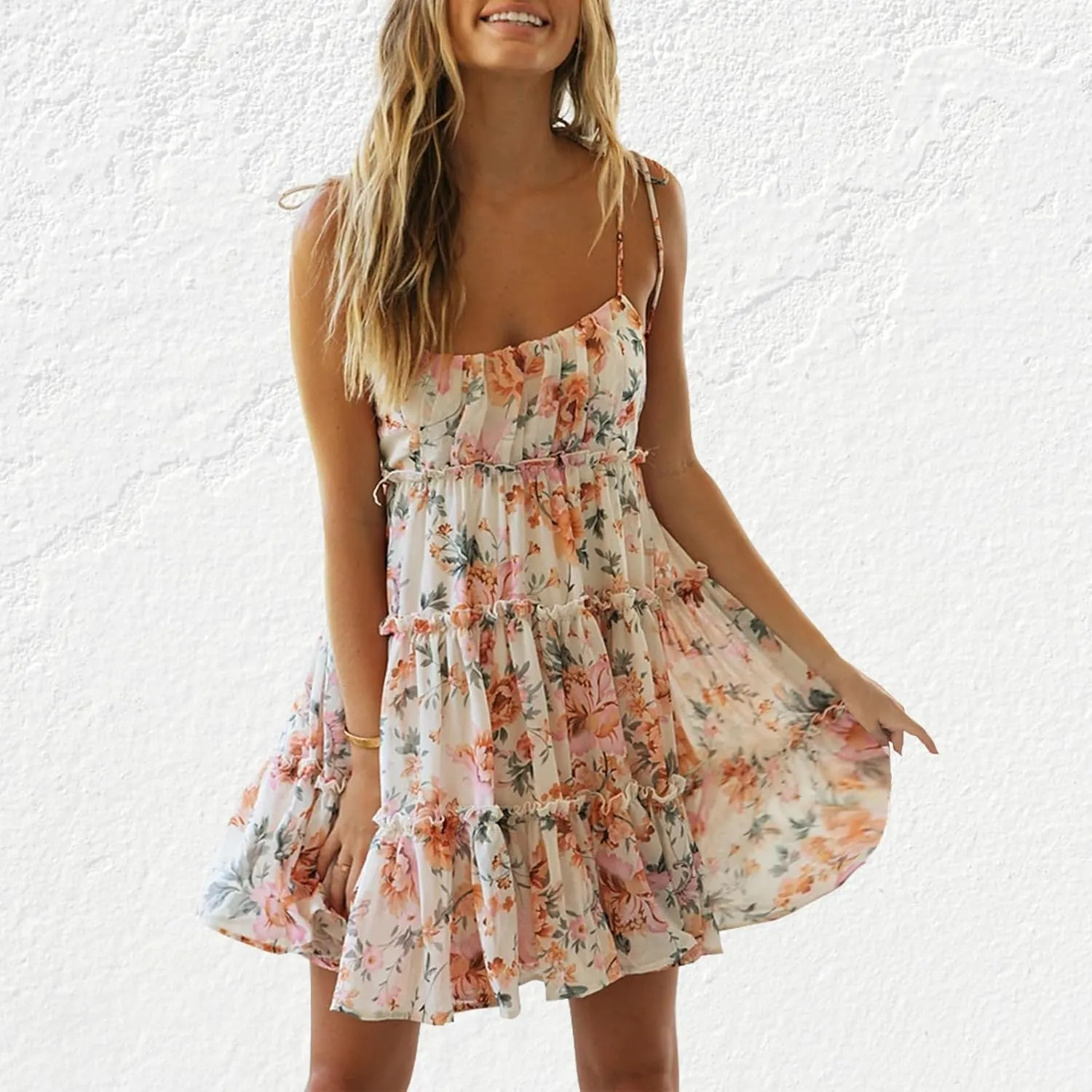 ACOSAP Womens 2025 Summer Floral Spaghetti Strap Dress Boho Flowy Dresses Short Beach Vacation Sleeveless Ruffle Mini Dress