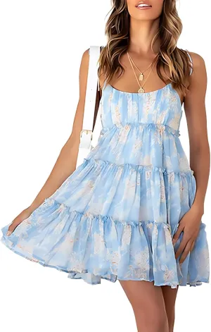 ACOSAP Womens 2025 Summer Floral Spaghetti Strap Dress Boho Flowy Dresses Short Beach Vacation Sleeveless Ruffle Mini Dress