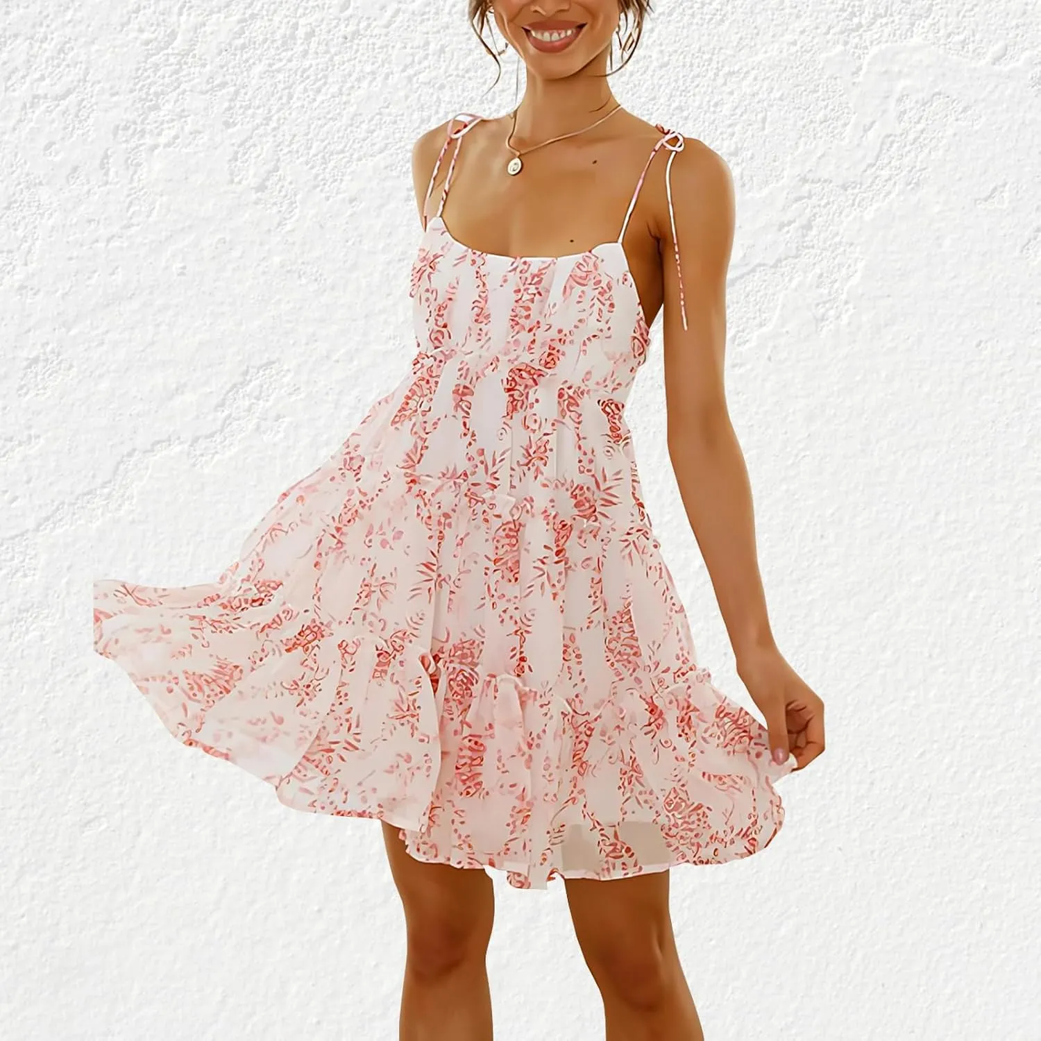 ACOSAP Womens 2025 Summer Floral Spaghetti Strap Dress Boho Flowy Dresses Short Beach Vacation Sleeveless Ruffle Mini Dress