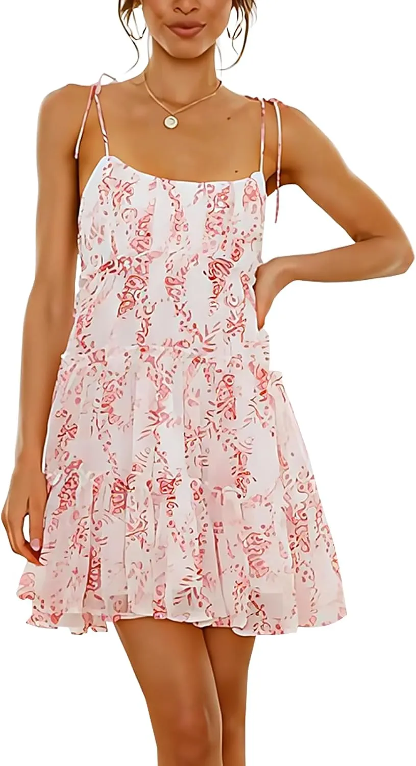 ACOSAP Womens 2025 Summer Floral Spaghetti Strap Dress Boho Flowy Dresses Short Beach Vacation Sleeveless Ruffle Mini Dress