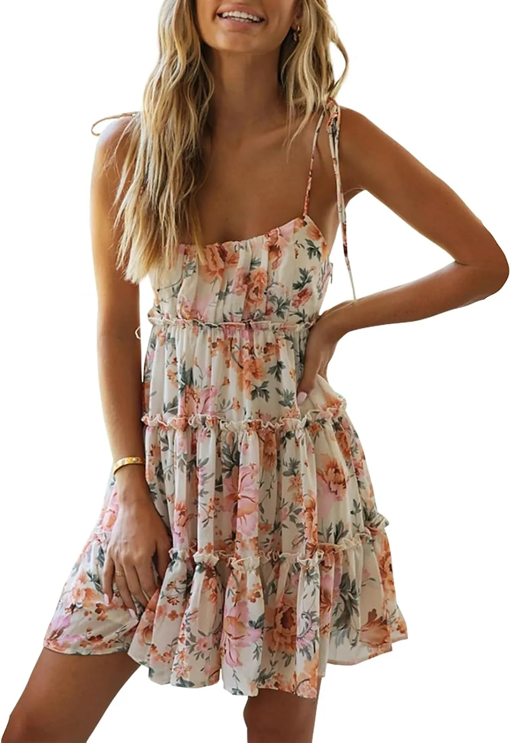 ACOSAP Womens 2025 Summer Floral Spaghetti Strap Dress Boho Flowy Dresses Short Beach Vacation Sleeveless Ruffle Mini Dress