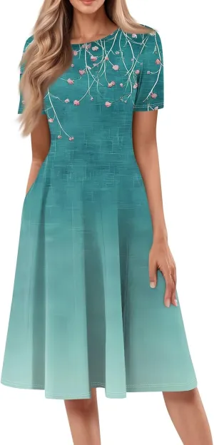ADHOWBEW Dresses for Women 2025 Casual Hawaiian Trendy Short Sleeve Tropical Print Sexy Beach Dresses