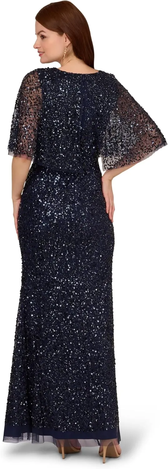 Adrianna Papell Women's Bead Mesh Cape Long Dress