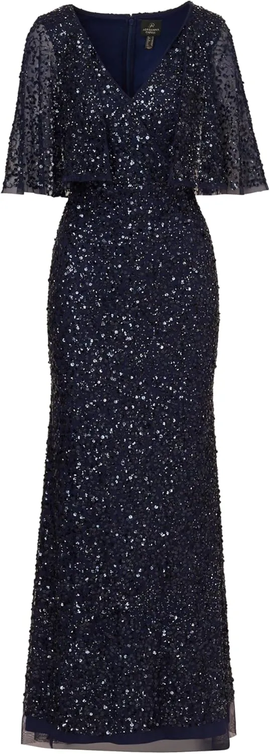 Adrianna Papell Women's Bead Mesh Cape Long Dress