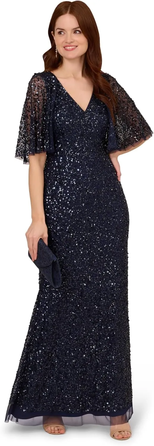 Adrianna Papell Women's Bead Mesh Cape Long Dress
