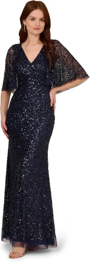 Adrianna Papell Women's Bead Mesh Cape Long Dress