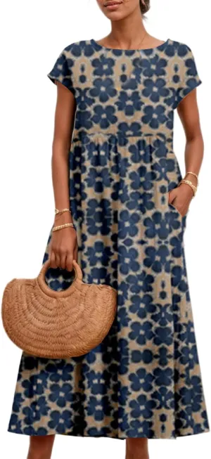 Akivide Women's Cotton Linen Boho Maxi Dress Summer Casual Loose Short Sleeve Crewneck Beach Vacation Dress with Pockets