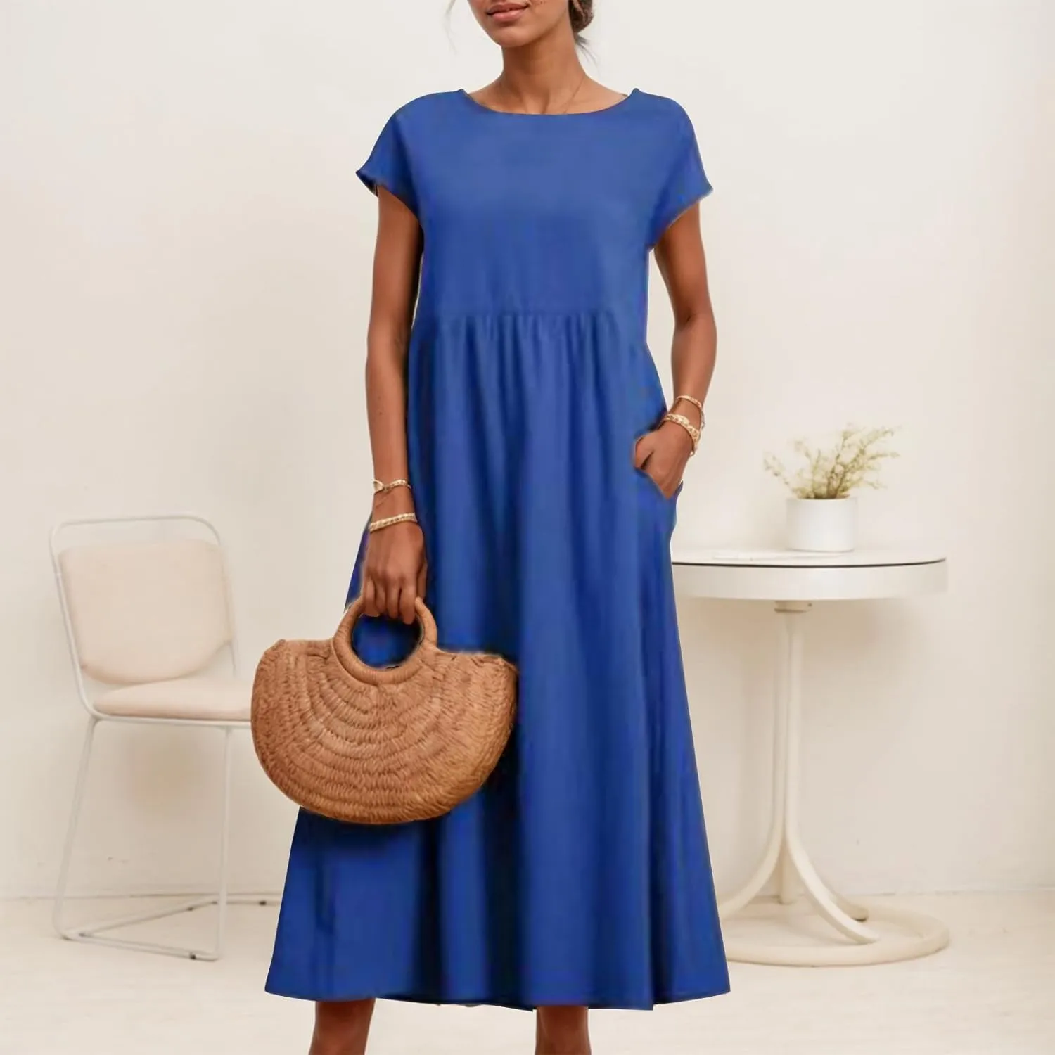 Akivide Women's Cotton Linen Boho Maxi Dress Summer Casual Loose Short Sleeve Crewneck Beach Vacation Dress with Pockets