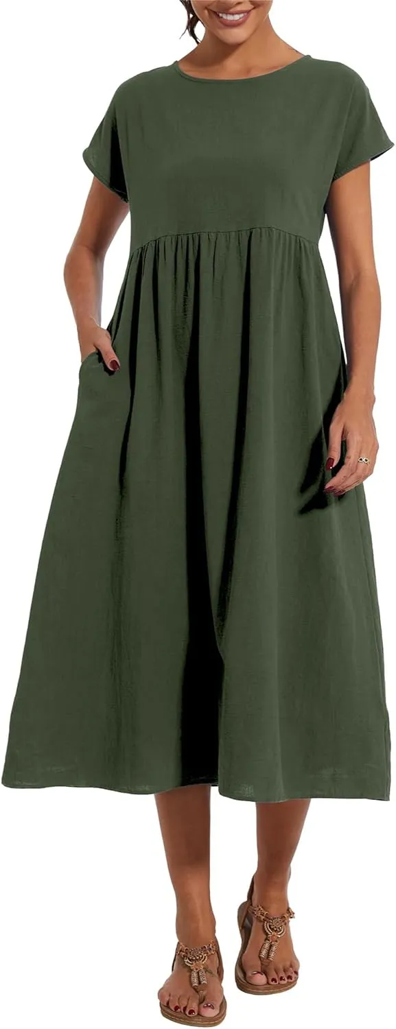 Akivide Women's Cotton Linen Boho Maxi Dress Summer Casual Loose Short Sleeve Crewneck Beach Vacation Dress with Pockets
