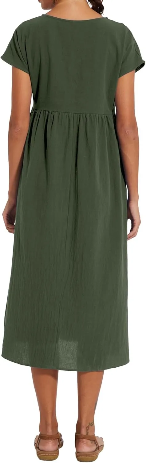 Akivide Women's Cotton Linen Boho Maxi Dress Summer Casual Loose Short Sleeve Crewneck Beach Vacation Dress with Pockets