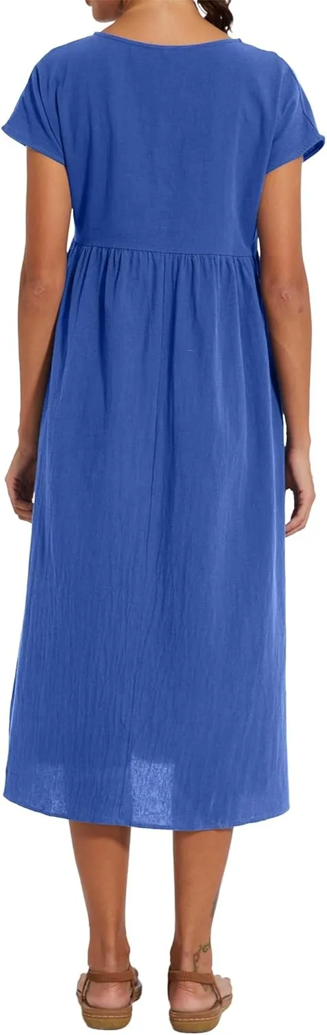 Akivide Women's Cotton Linen Boho Maxi Dress Summer Casual Loose Short Sleeve Crewneck Beach Vacation Dress with Pockets