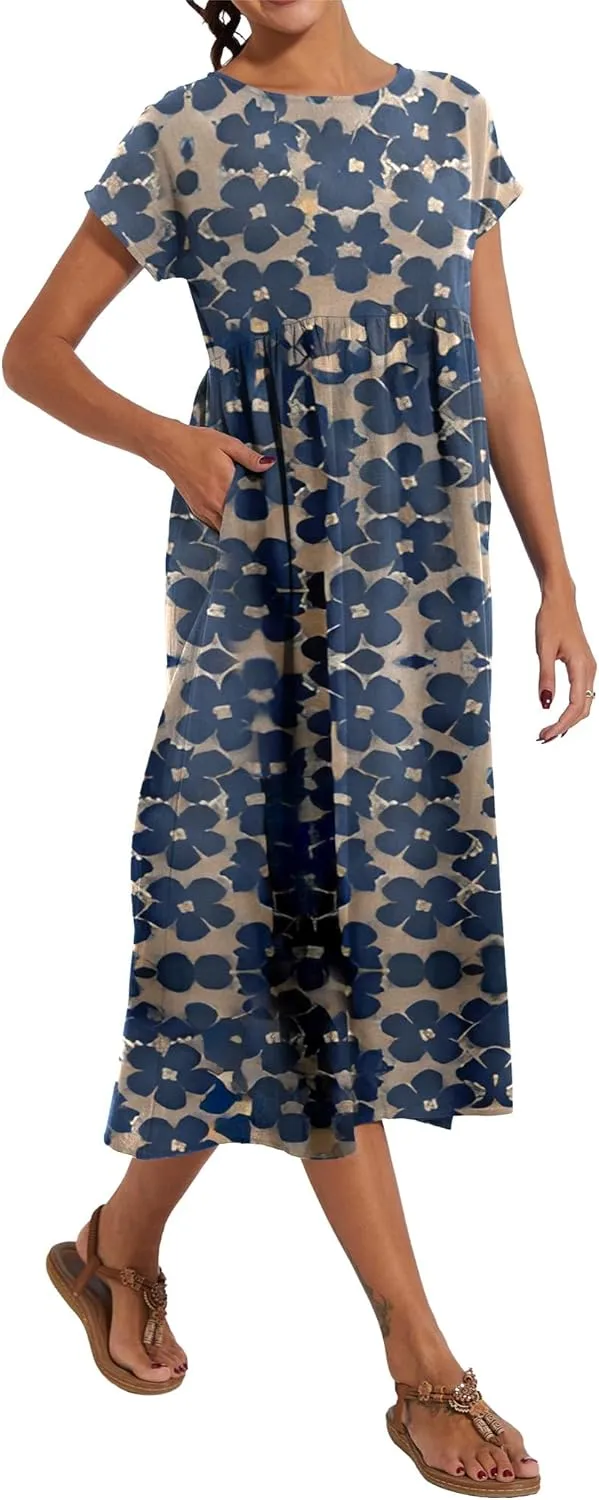 Akivide Women's Cotton Linen Boho Maxi Dress Summer Casual Loose Short Sleeve Crewneck Beach Vacation Dress with Pockets