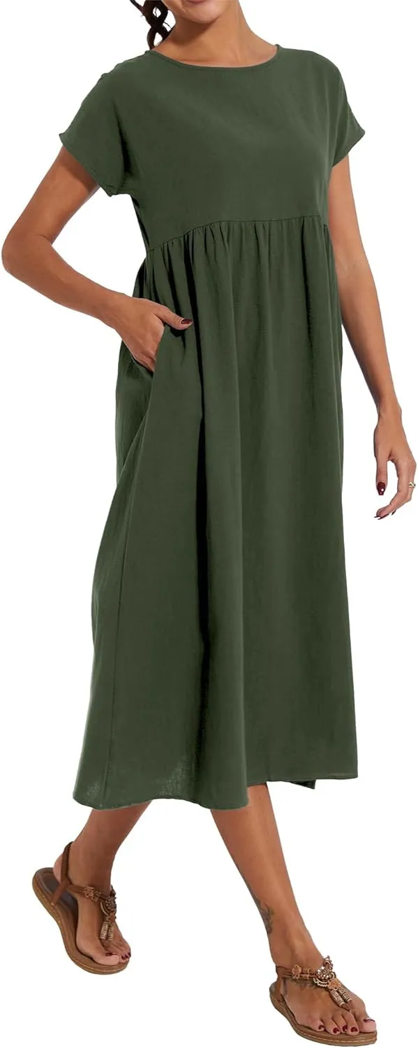 Akivide Women's Cotton Linen Boho Maxi Dress Summer Casual Loose Short Sleeve Crewneck Beach Vacation Dress with Pockets