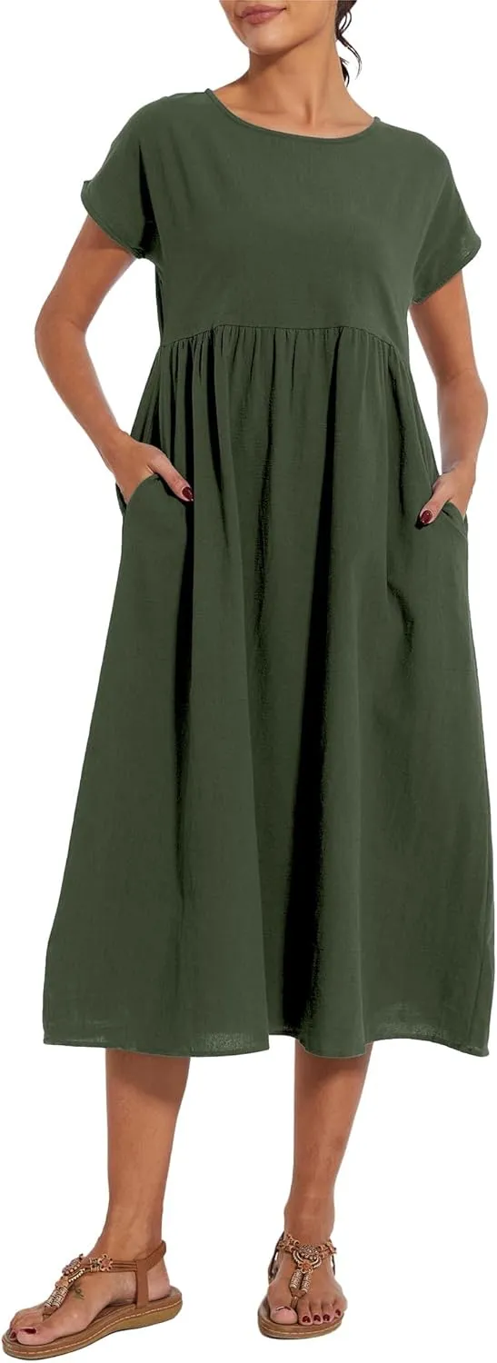 Akivide Women's Cotton Linen Boho Maxi Dress Summer Casual Loose Short Sleeve Crewneck Beach Vacation Dress with Pockets