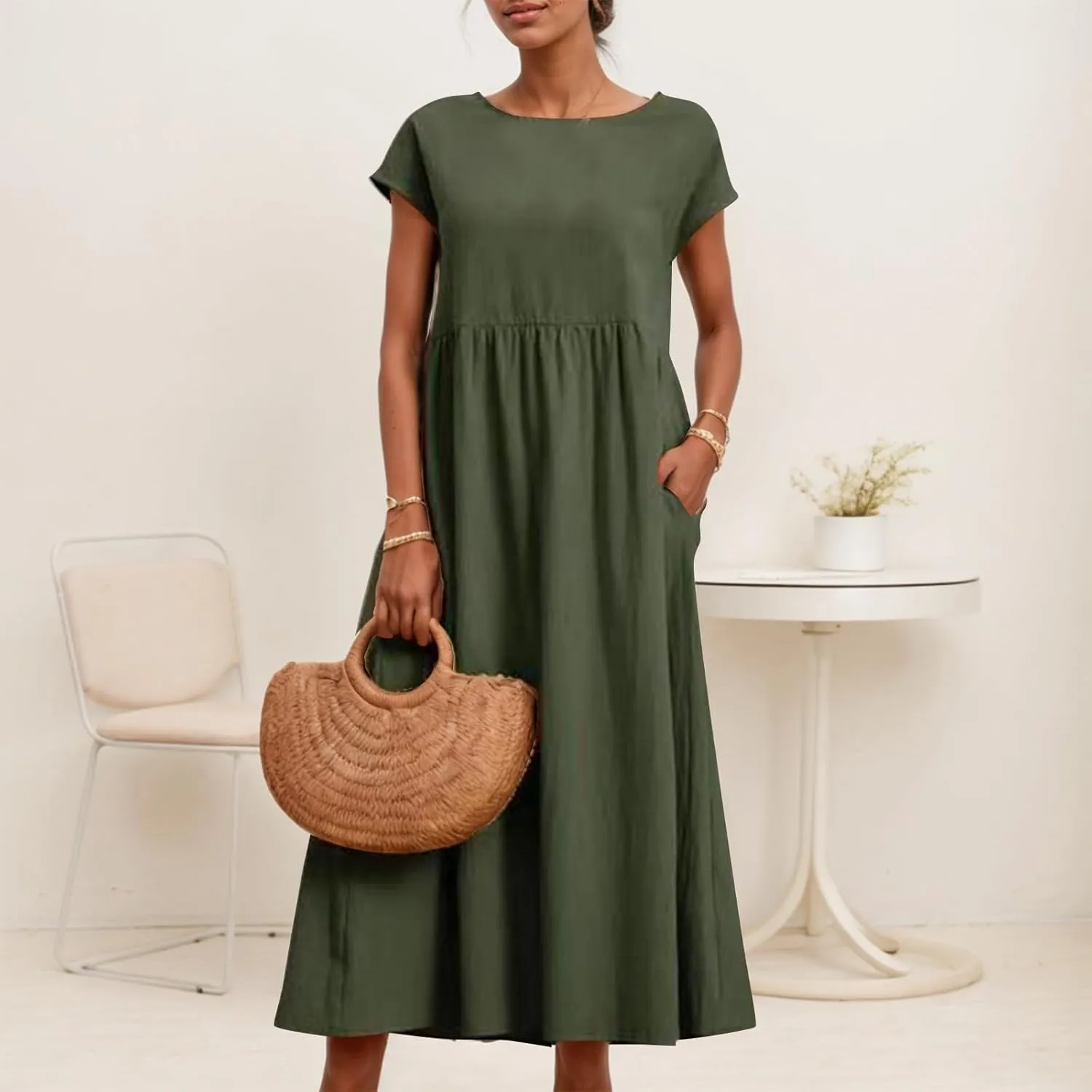Akivide Women's Cotton Linen Boho Maxi Dress Summer Casual Loose Short Sleeve Crewneck Beach Vacation Dress with Pockets