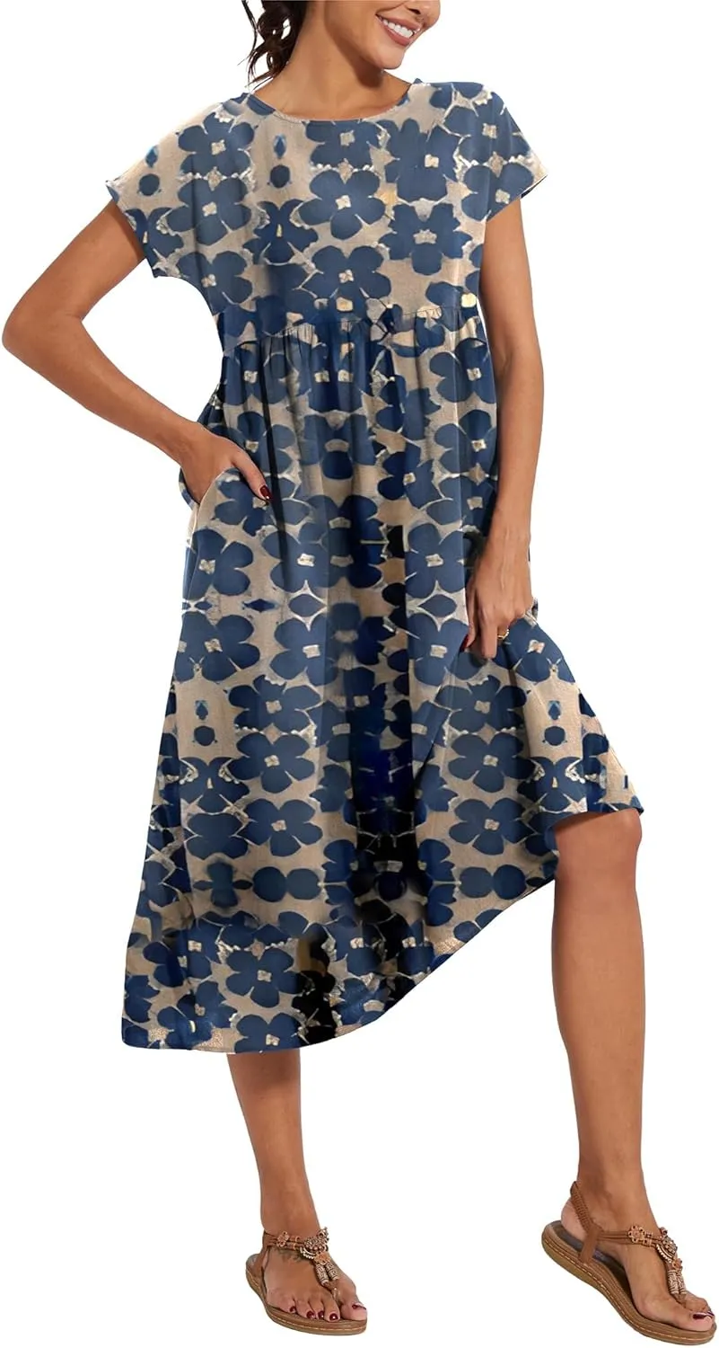 Akivide Women's Cotton Linen Boho Maxi Dress Summer Casual Loose Short Sleeve Crewneck Beach Vacation Dress with Pockets