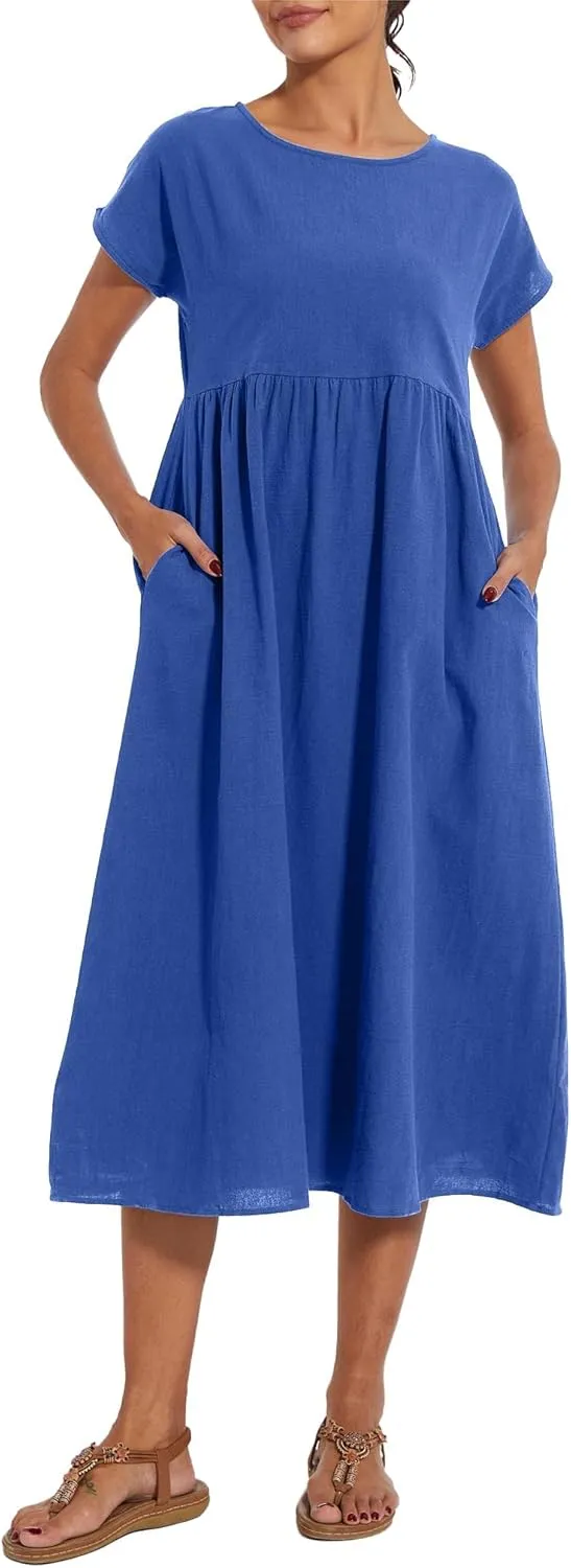 Akivide Women's Cotton Linen Boho Maxi Dress Summer Casual Loose Short Sleeve Crewneck Beach Vacation Dress with Pockets