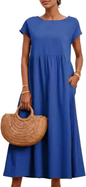 Akivide Women's Cotton Linen Boho Maxi Dress Summer Casual Loose Short Sleeve Crewneck Beach Vacation Dress with Pockets