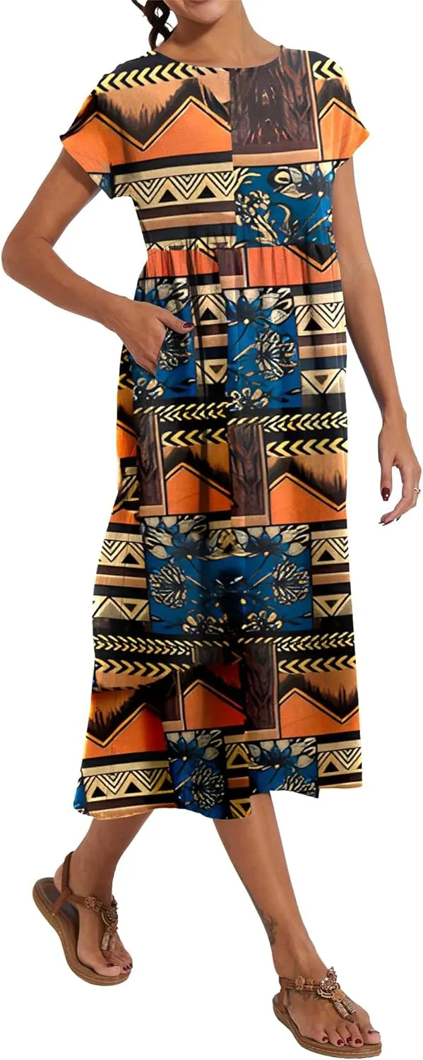 Akivide Women's Cotton Linen Boho Maxi Dress Summer Casual Loose Short Sleeve Crewneck Beach Vacation Dress with Pockets