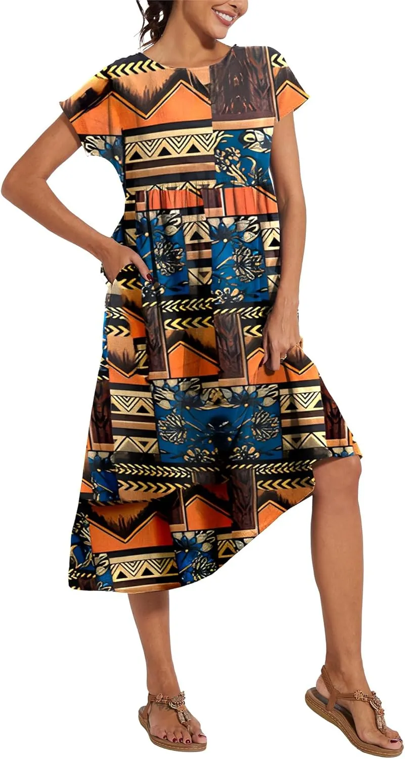 Akivide Women's Cotton Linen Boho Maxi Dress Summer Casual Loose Short Sleeve Crewneck Beach Vacation Dress with Pockets
