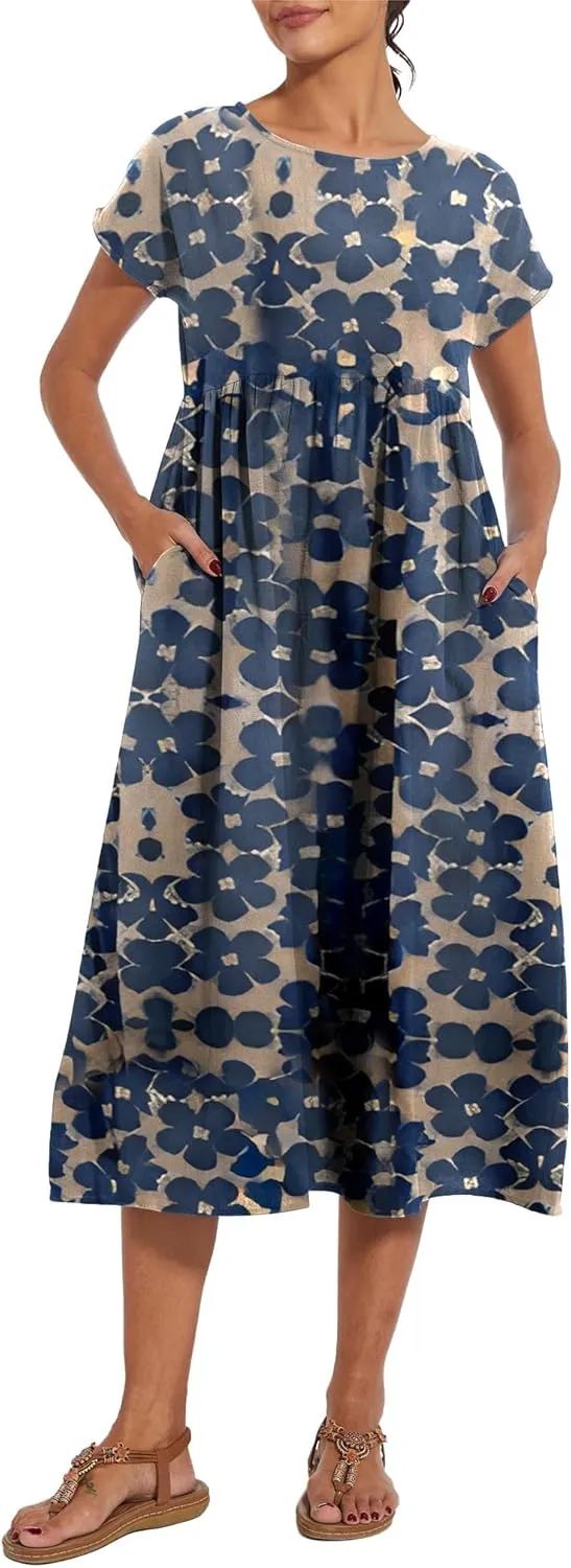 Akivide Women's Cotton Linen Boho Maxi Dress Summer Casual Loose Short Sleeve Crewneck Beach Vacation Dress with Pockets