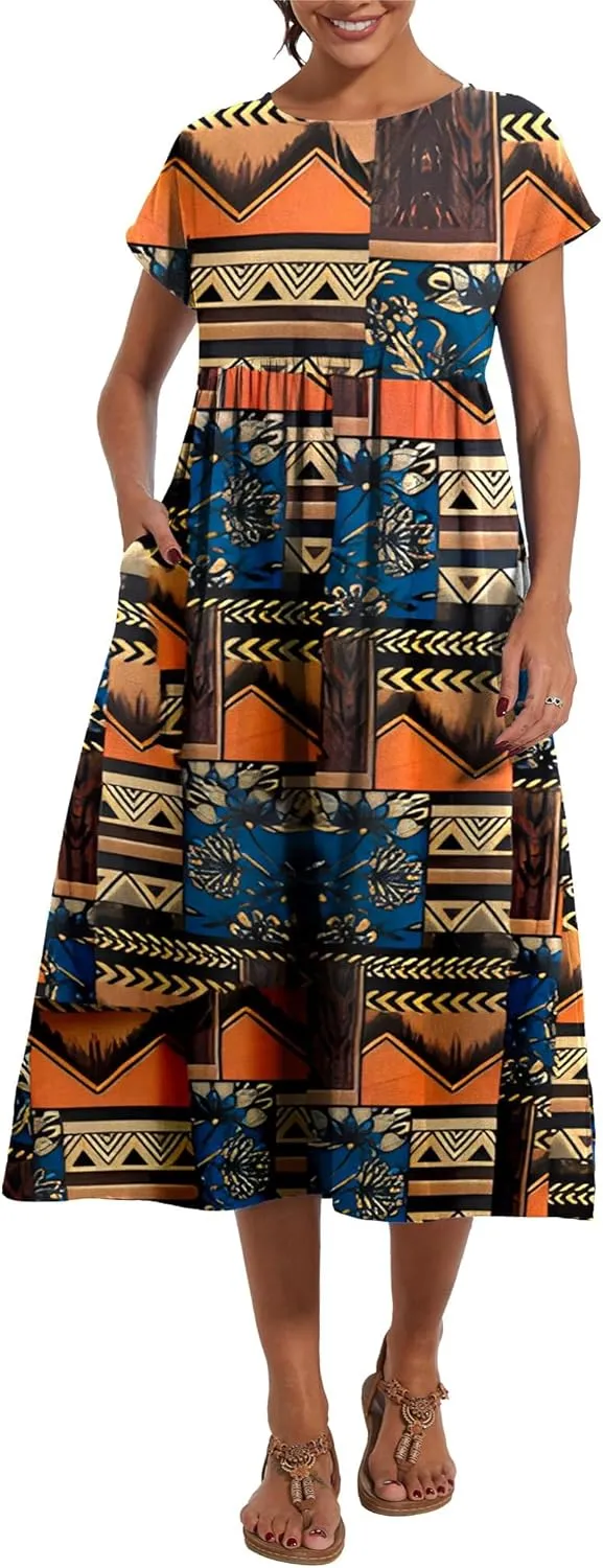 Akivide Women's Cotton Linen Boho Maxi Dress Summer Casual Loose Short Sleeve Crewneck Beach Vacation Dress with Pockets