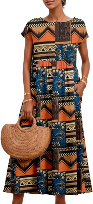 Akivide Women's Cotton Linen Boho Maxi Dress Summer Casual Loose Short Sleeve Crewneck Beach Vacation Dress with Pockets