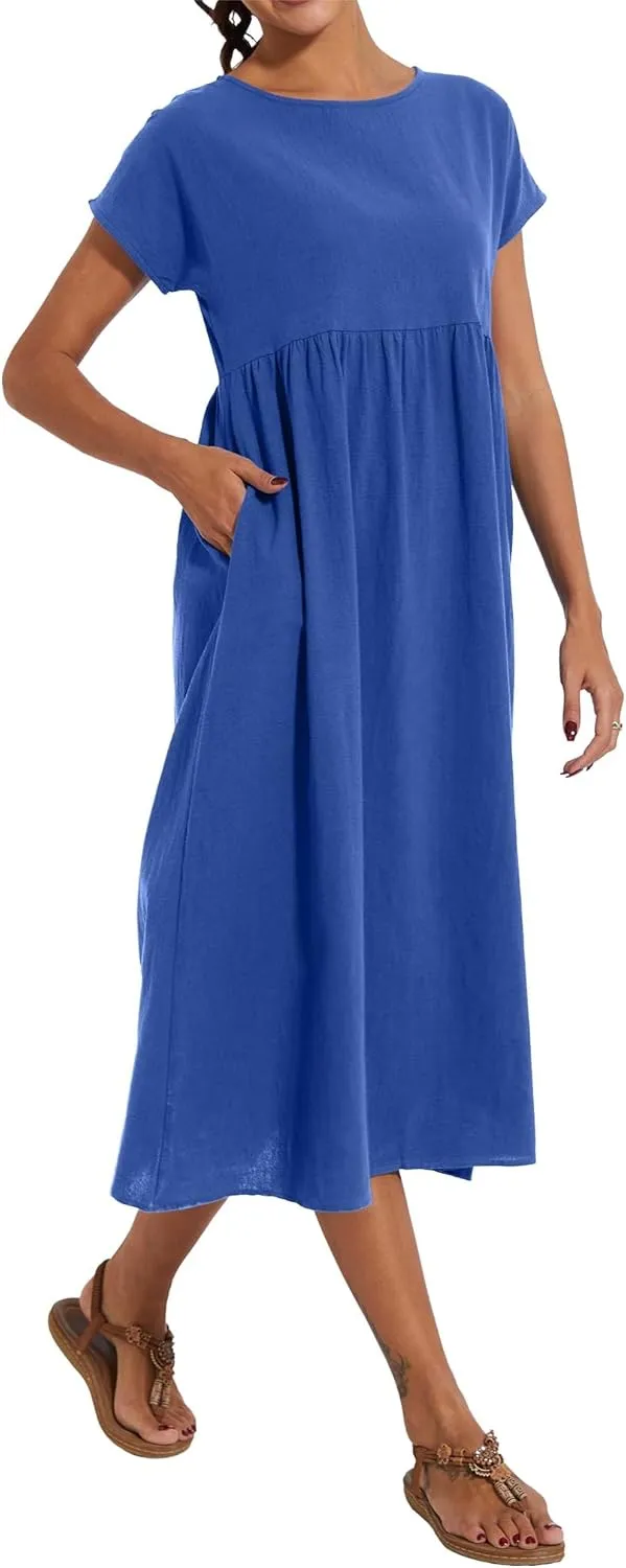 Akivide Women's Cotton Linen Boho Maxi Dress Summer Casual Loose Short Sleeve Crewneck Beach Vacation Dress with Pockets