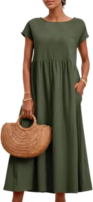 Akivide Women's Cotton Linen Boho Maxi Dress Summer Casual Loose Short Sleeve Crewneck Beach Vacation Dress with Pockets