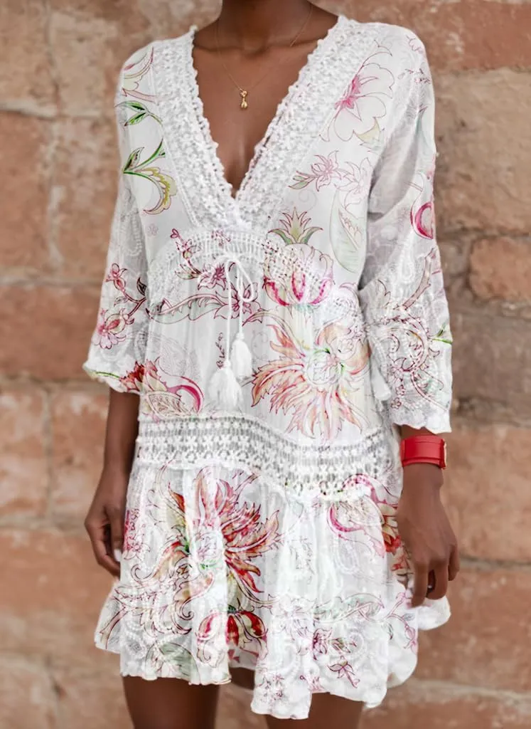 Akivide Women's Flowy Bohemian Lace Up V Neck Ruffle Mini Dress Summer Elegant Beach Wedding Short Tunic Dress